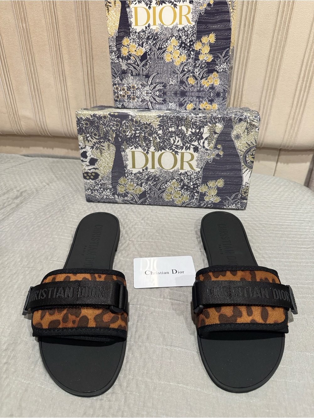 Dior Women's Leopard Print Slide Sandals - Black & Brown